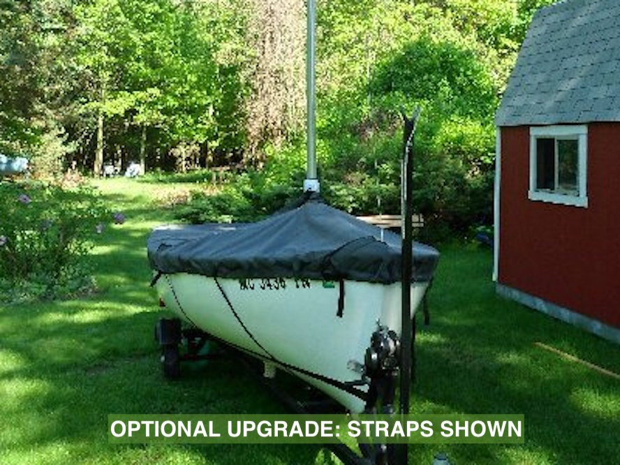 Javelin Sailboat Mast Up Flat Cover by SLO Sail and Canvas. Shown in Polyester Charcoal Gray with optional "straps" upgrade. 