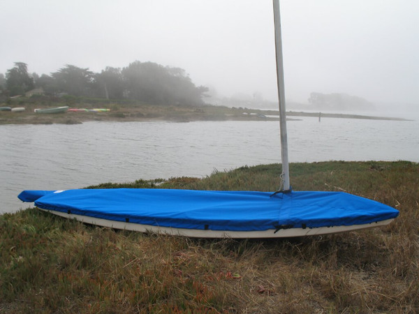 Minifish Sailboat Mast Up Flat Mooring Cover made in America by skilled artisans at SLO Sail and Canvas.