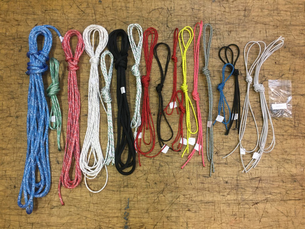 Prindle 18 Line Kit - made by SLO Sail and Canvas. High quality pre-cut & labeled lines from Marlow, Samson, and / or Bainbridge. All-Rope ("aussie-style") halyard shown. 