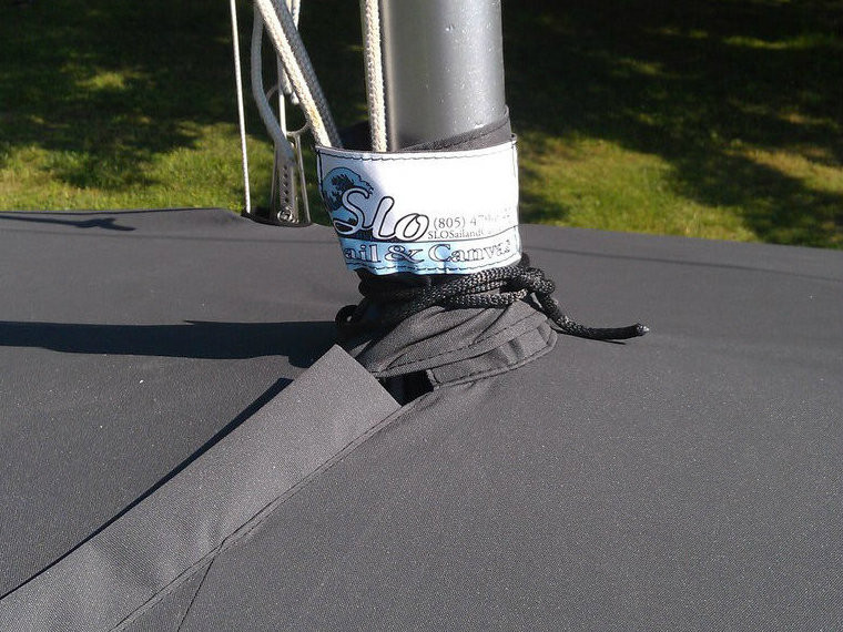 Widgeon Sailboat Top Cover by SLO Sail and Canvas. A mast collar and perfectly placed shroud cutouts fit tightly around your boat’s rigging. 
