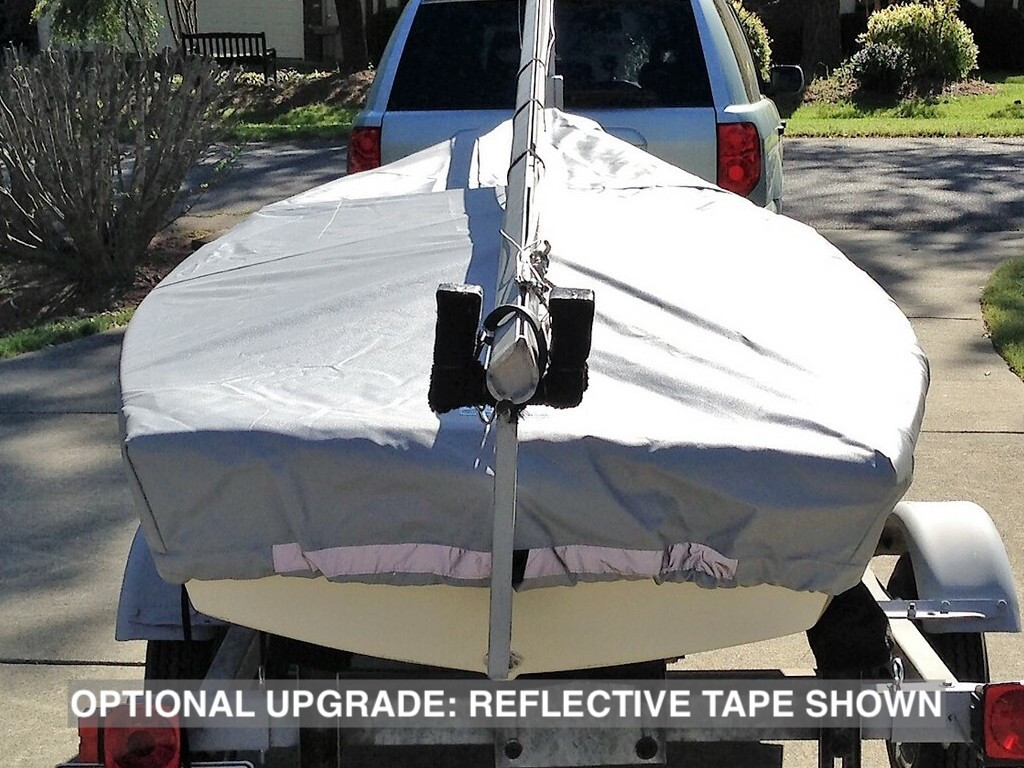 AMF Puffer Top Cover by SLO Sail and Canvas. Shown in Top Gun Sea Gull Gray fabric with optional Reflective Tape upgrade.  Reflective Tape is added to the transom portion of the cover to increase visibility while parked on the street or in the boat yard.
