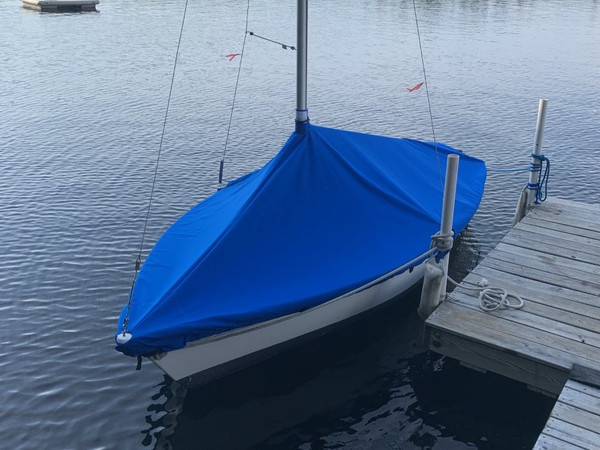 Hobie One 14 Sailboat Mast Up Peaked Mooring Cover made in America by skilled artisans at SLO Sail and Canvas.
