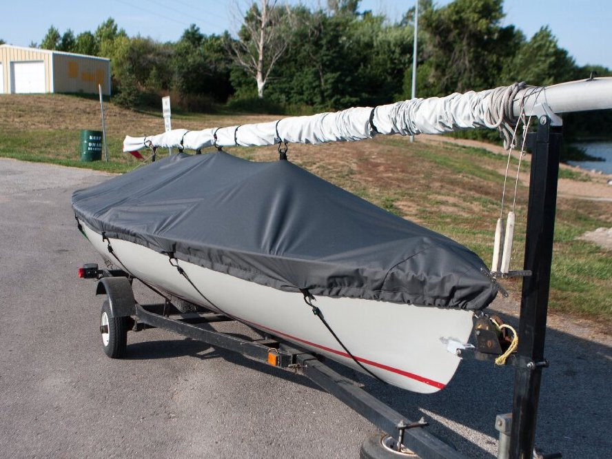 Mutineer Sailboat Top Deck Cover by SLO Sail and Canvas. Web Loops allow you to “tent” your cover up to prevent pooling of water. 
