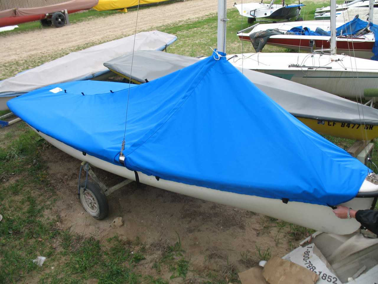 420 sailboat Mast Up Peaked Cover by SLO Sail and Canvas - shown in Polyester Royal Blue. Available in 3 fabrics and many color choices.
