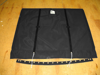 Bias Cut Trampoline to fit a Hobie ® 14 catamaran made in America by skilled artisans at SLO Sail and Canvas. Hand pounded #4 brass spur grommets. Built-in aft line catcher, included.  Adjustable hiking straps made of 2” polypropylene webbing. 12” X 12” Halyard pocket, included. 
