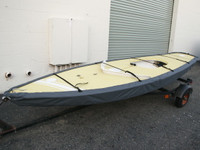 Scorpion Sailboat Hull Cover made in America by skilled artisans at SLO Sail and Canvas. Cover shown in Polyester Charcoal Gray. Available in 4 fabrics and many color choices.