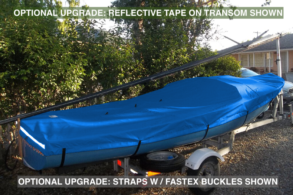 Optional Upgrades: Reflective Tape (increase your O'Day Daysailer's visibility when parked on the street or in boatyard), Straps w/ Plastic Fastex Buckles (replace standard sewn webbing loops for quicker secure lash-down) shown. 