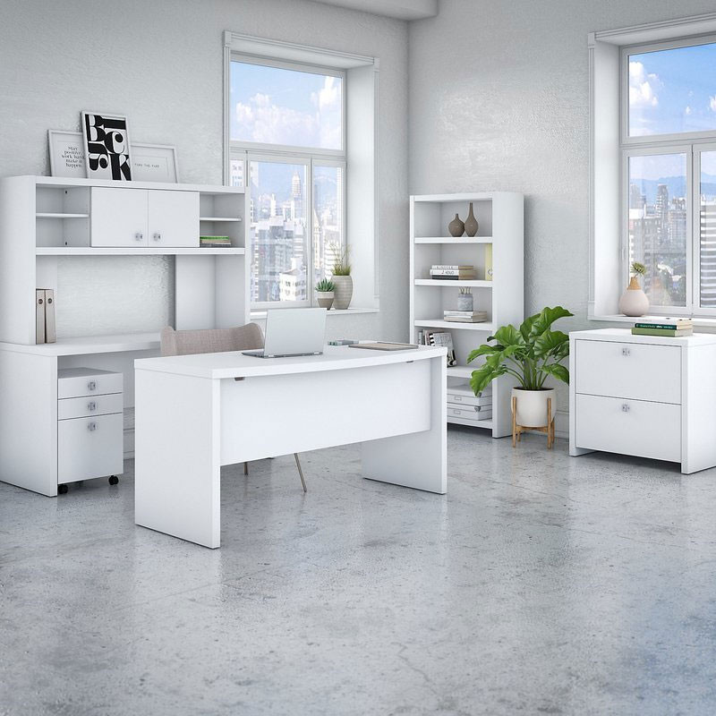 Bush Ech029pw Echo Bow Front Desk With Credenza Hutch And Storage