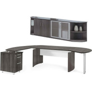 Mayline Medina Executive 72" Desk with Left Return, Right Desk Extension, Low-Wall Cabinet, Two Round Cabinet Shelves, Gray Steel - MNT9-LGS