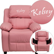 Flash Furniture Kid's Recliner with Cup Holder Pink Vinyl Storage Dreamweaver Embroiderable - BT-7985-KID-PINK-EMB-GG
