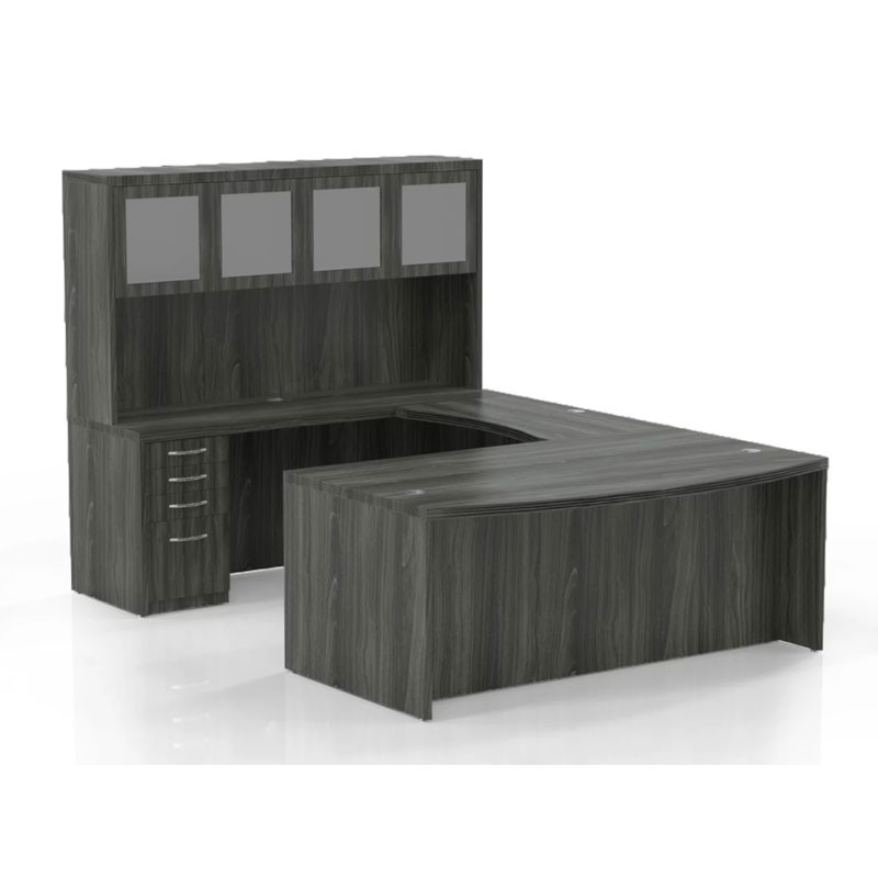 Mayline Aberdeen Executive U Shaped Desk 72 W Glass Door Hutch Package Gray Steel At5 Lgs
