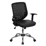 Flash Furniture Mid-Back Black Office Chair with Mesh Back and Italian Leather Seat - LF-W95-LEA-BK-GG