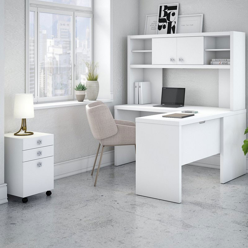 Bush Ech009pw Echo L Shaped Desk With Hutch And Pedestal File 60