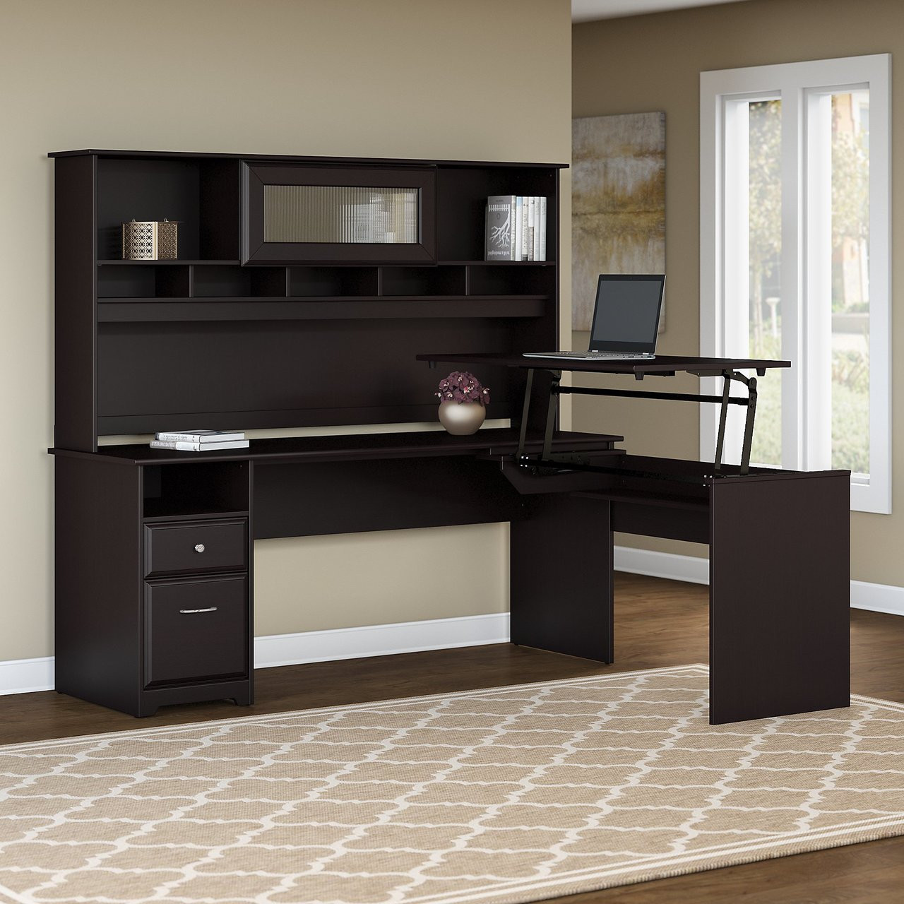 Bush Cabot Collection L Shaped Sit To Stand Desk With Hutch 72 W 3 Position Espresso Oak Cab052epo