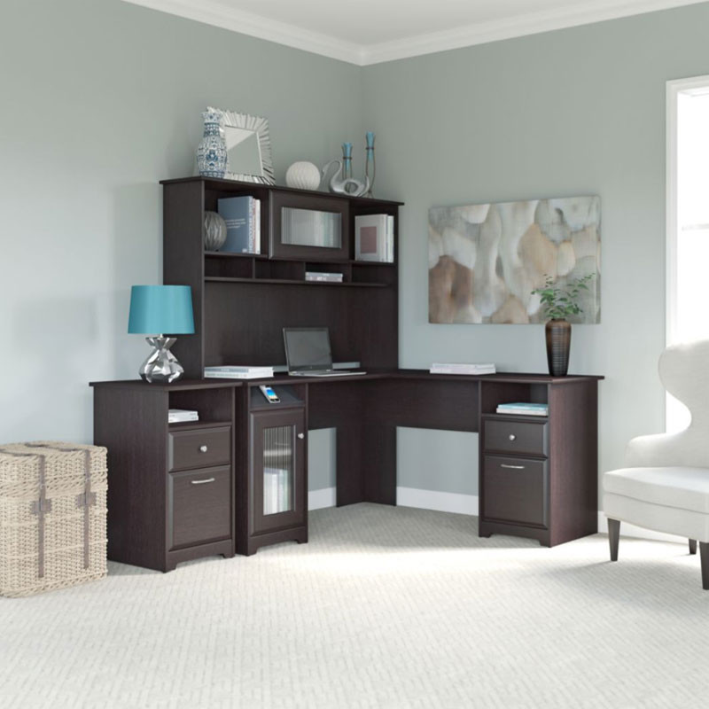 Bush Cabot Collection L Shaped Desk With Hutch And 2 Drawer Pedestal 60 W Espresso Oak Cab018epo
