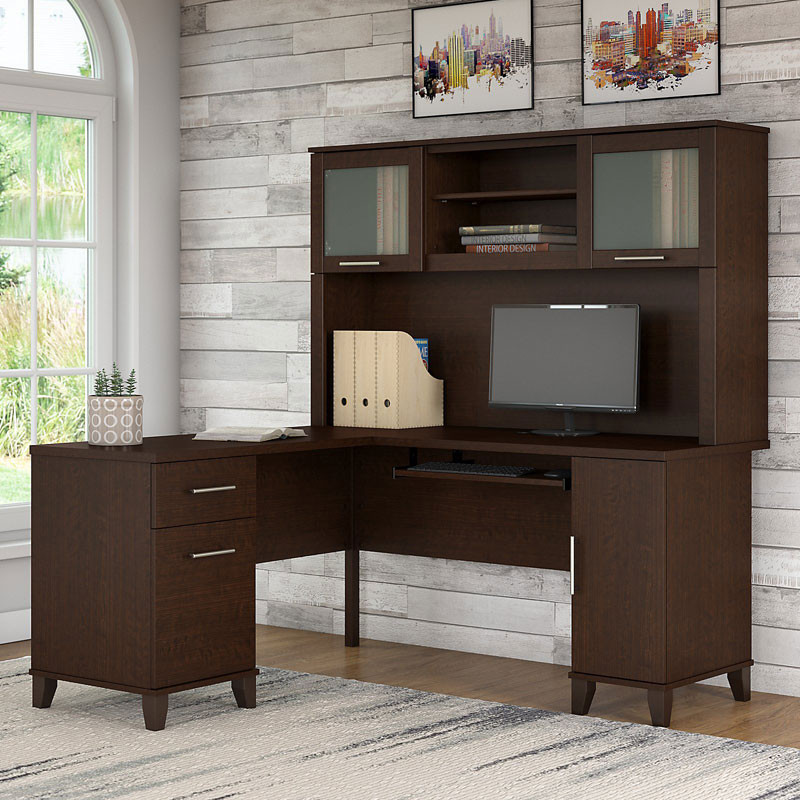 Bush Furniture Somerset 60w L Shaped Desk W Hutch Mocha Cherry Set002mr