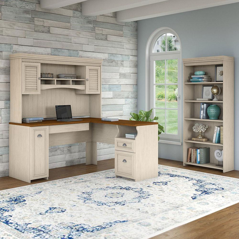 Bush Furniture Fairview L Shaped Desk W Hutch And 5 Shelf Bookcase
