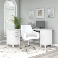 Bush Furniture Somerset 60W L Shaped Desk with Mid Back Leather Box Chair White -  SET022WH