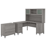 Bush Furniture Somerset 60W L Shaped Desk w Hutch w Lateral File Cabinet Platinum Gray - SET008PG