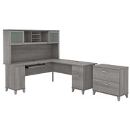 Bush Furniture Somerset 72W L Shaped Desk w Hutch and Lateral File Cabinet Platinum Gray - SET009PG