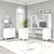 Bush Furniture Somerset 60W L Shaped Desk w Hutch w Lateral File Cabinet White - SET008WH