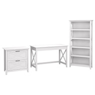 Bush Key West 48W Writing Desk with Lateral File Cabinet and 5 Shelf Bookcase Pure White Oak - KWS004WT