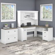 Bush Furniture Fairview 60W L Shaped Desk with Hutch and Lateral File Cabinet in Pure White and Shiplap Gray - FV003G2W