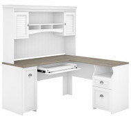 Bush Furniture Fairview 60W L Shaped Desk with Hutch in Pure White and Shiplap Gray - FV004G2W