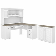 Bush Furniture Fairview 60W L Shaped Desk with Hutch and Storage Cabinet in Pure White and Shiplap Gray - FV012G2W