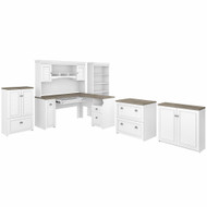 Bush Furniture Fairview 60W L Shaped Desk with Hutch, File Cabinet, Bookcase and Storage in Pure White and Shiplap Gray - FV014G2W