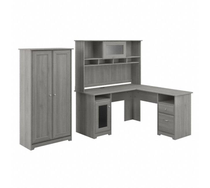 Bush Furniture Cabot L Shaped Desk with Hutch and Tall Storage with Doors in Modern Gray