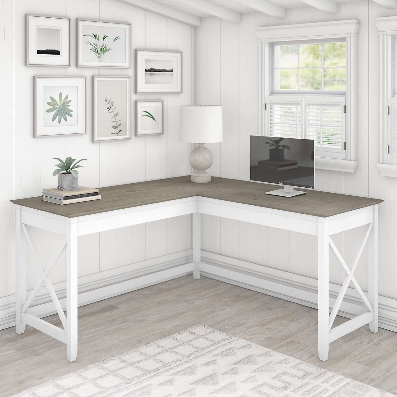 Bush Key West 60W LShaped Desk Shiplap Gray and Pure White KWD160G2W03 Ships Free!