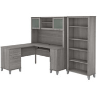 Bush Furniture Somerset 60W L Shaped Desk with Hutch and 5 Shelf Bookcase in Platinum Gray - SET010PG