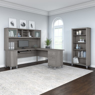Bush Furniture Somerset 72W L Shaped Desk with Hutch and 5 Shelf Bookcase in Platinum Gray - SET011PG