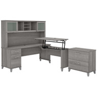 Bush Furniture Somerset 72W 3 Position Sit to Stand L Shaped Desk with Hutch and File Cabinet in Platinum Gray - SET016PG