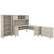Bush Furniture Somerset 72W L Shaped Desk with Hutch, Lateral File Cabinet and Bookcase in Sand Oak - SET012SO