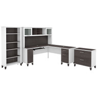 Bush Furniture Somerset 72W L Shaped Desk with Hutch, Lateral File Cabinet and Bookcase in White and Storm Gray - SET012SGWH