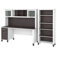 Bush Furniture Somerset 72W Office Desk with Hutch and 5 Shelf Bookcase in White and Storm Gray - SET020SGWH