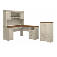 Bush Furniture Fairview 60W L Shaped Desk with Hutch and Storage Cabinet with File Drawer Antique White - FV010AW