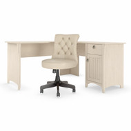 Bush Furniture Salinas 60W L Shaped Desk with Mid Back Tufted Office Chair Antique White - SAL010AW