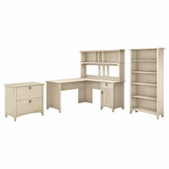 Bush Furniture Salinas 60W L Shaped Desk with Hutch, Lateral File Cabinet and 5 Shelf Bookcase in Antique White - SAL007AW