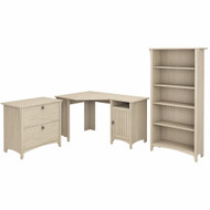 Bush Furniture Salinas 55W Corner Desk with Lateral File Cabinet and 5 Shelf Bookcase in Antique White - SAL013AW