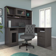 Bush Furniture Cabot Collection 60 W L Shaped Desk with Hutch and Mid Back Tufted Office Chair Heather Gray - CAB063HRG