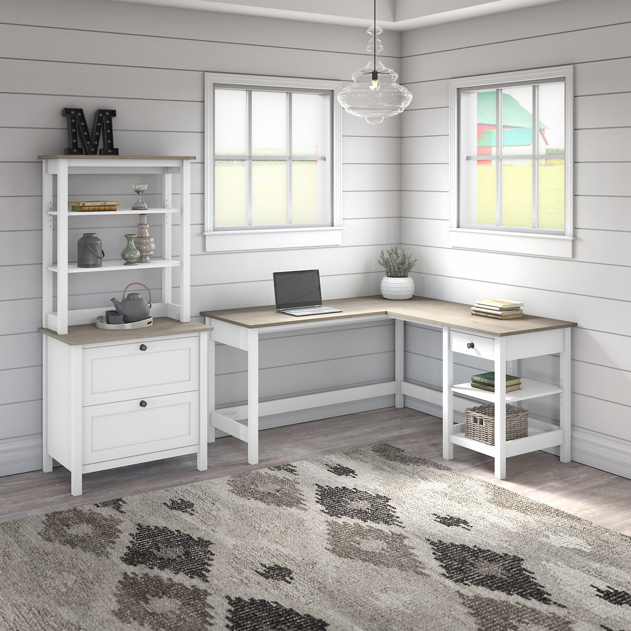 Bush Furniture Mayfield 60W L Shaped Computer Desk Package Shiplap Gray