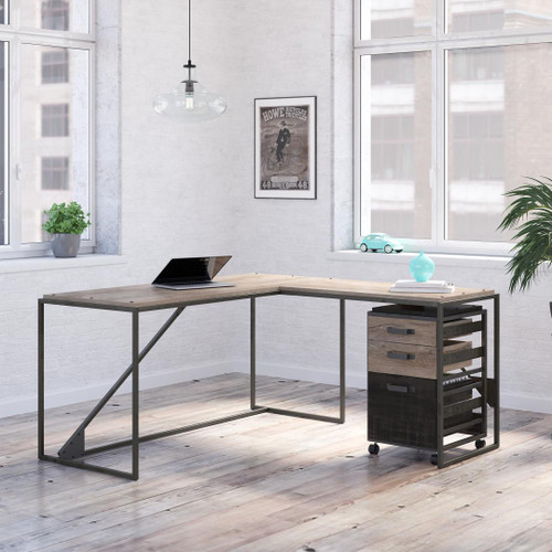 Bush Furniture Refinery 62W L Shaped Industrial Desk with 3 Drawer