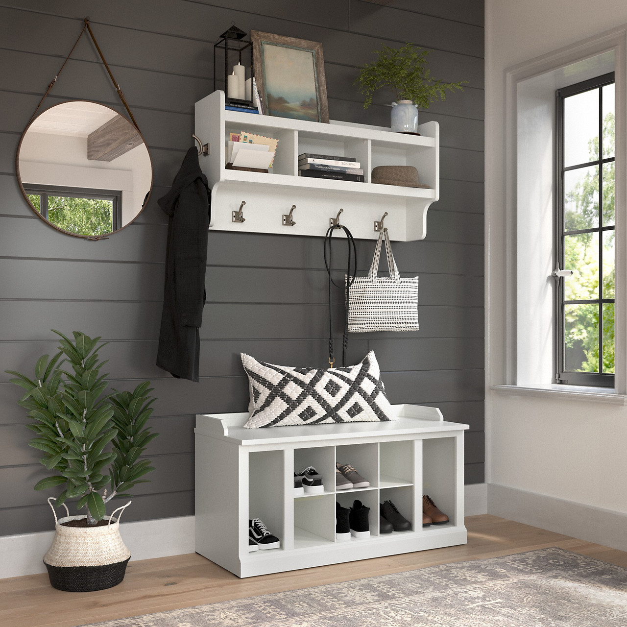 Kathy Ireland® Home by Bush Furniture Woodland 40W Shoe Storage Bench with  Shelves and Wall Mounted Coat Rack in White Ash - WDL004WAS Free Shipping!