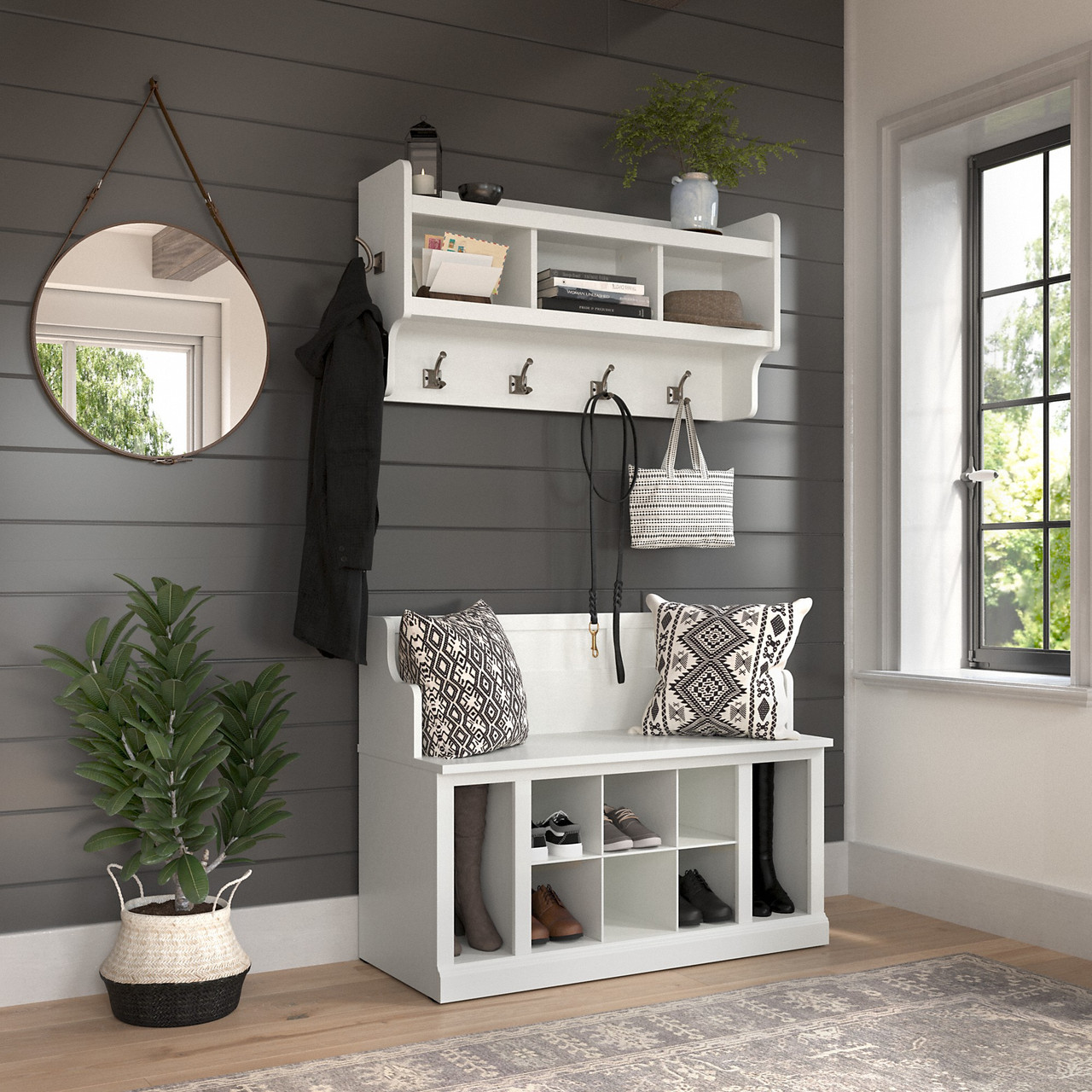 Kathy Ireland® Home by Bush Furniture Woodland 40W Entryway Bench with Shelves  and Wall Mounted Coat Rack in White Ash - WDL010WAS Free Shipping!