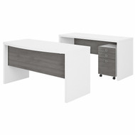Bush Business Furniture Echo by Kathy Ireland 60W Bow Front Desk w Credenza and 3 Drawer Mobile Pedestal White/Modern Gray - ECH010WHMG