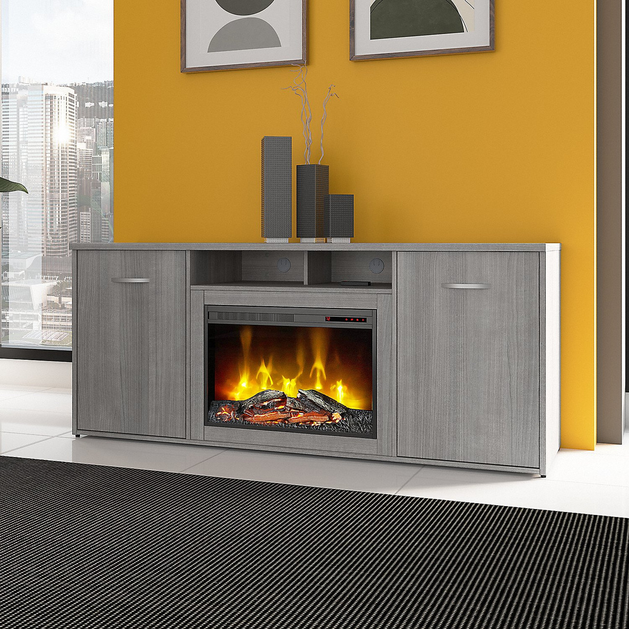 Bush Business Furniture Echo by Kathy Ireland 72W Storage Cabinet with Electric  Fireplace Insert Platinum Gray - CTBS172PGFR-Z