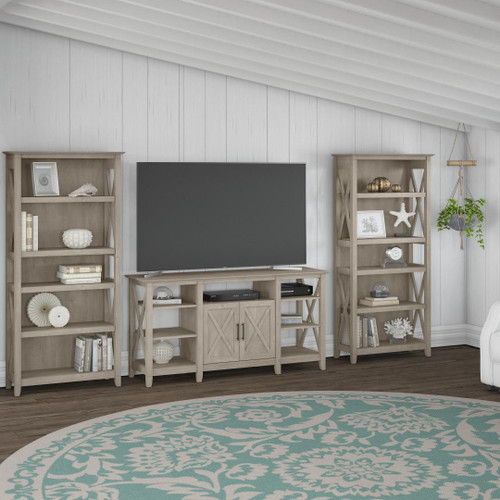 Bush Furniture Key West Tall TV Stand with a Set of 2 Bookcases Washed